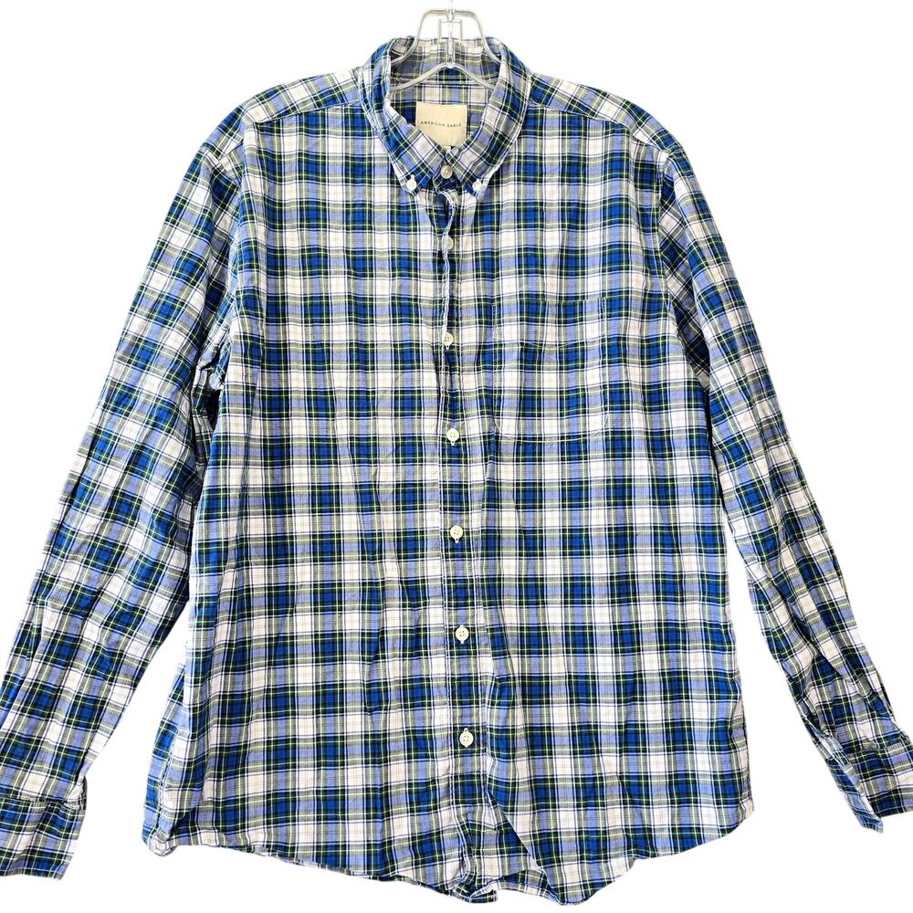 American Eagle Blue Plaid Button Down Shirt Classic Long Sleeves Mens Size L Top